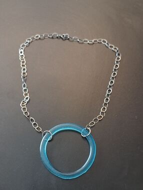 Artist Made Blue Glass Circle On Sterling Chain
